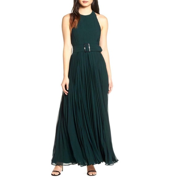 NEW Fame & Partners FOREST GREEN The Felice HALTER Pleated BELT Evening GOWN 10 - Picture 9 of 16